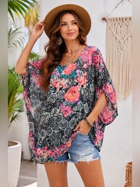 Tolani Floral Modal Tunic Top Large Boho Dolman Batwing Black Pink Resort